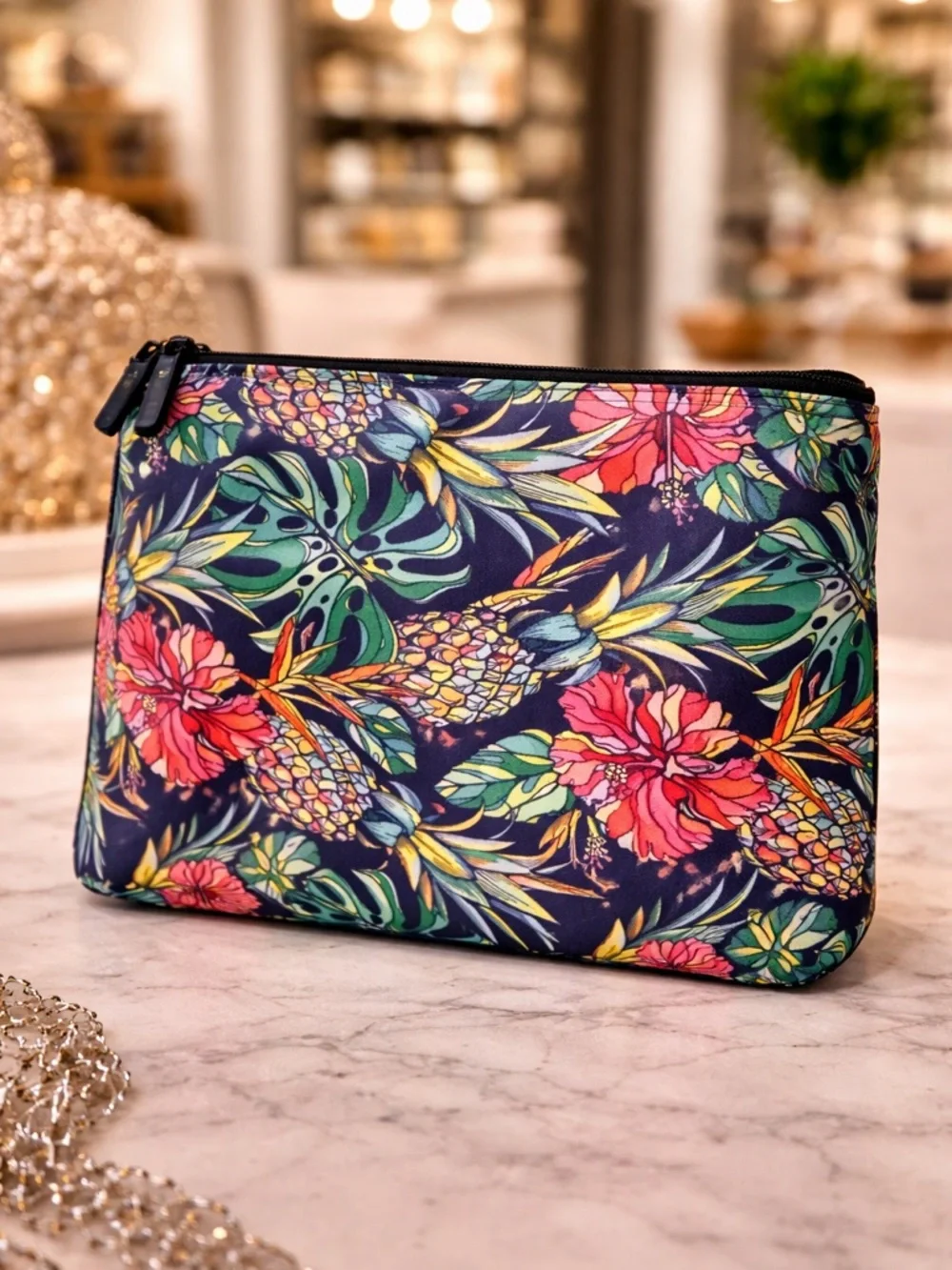 ⚠️ 5/25: Navy Tropical Pineapple Cosmetic Makeup Toiletry Bag - Floral Print